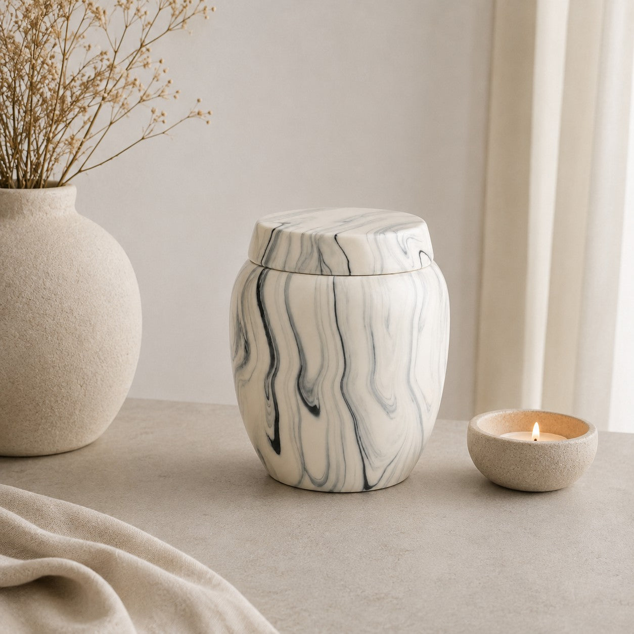 De laatste aai keramische urn met grijs-witte marmerlook en minimalistisch design op een sfeervolle tafel.