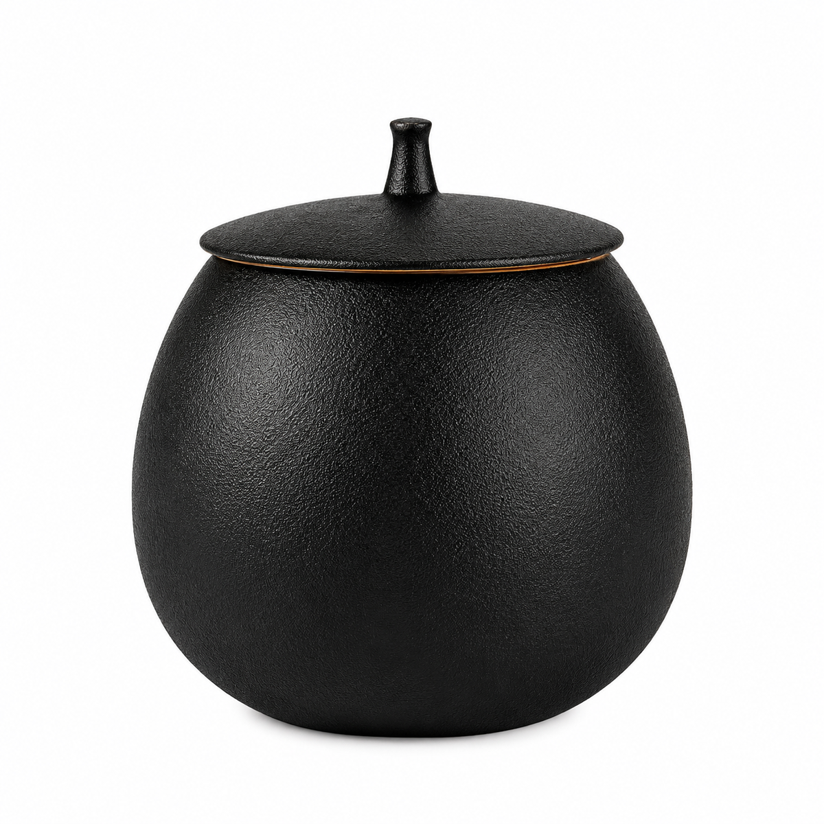 De laatste aai minimalist matte black ceramic keepsake urn with a textured surface and secure lid for memorial ashes.