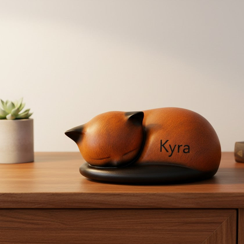 De laatste aai kattenurn in slapende houding met houtlook en gepersonaliseerde naam Kyra op een houten kast.