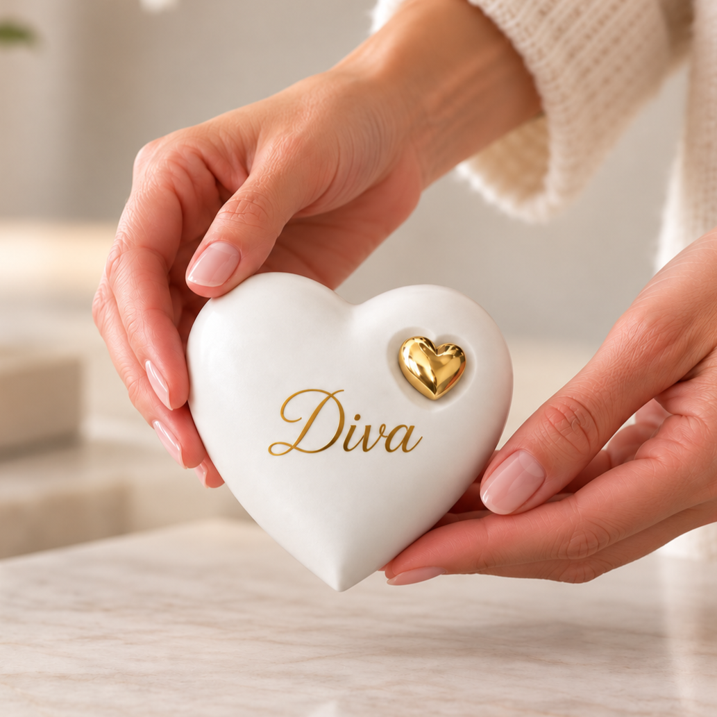 De laatste aai mini urn in hartvorm van parelwit aluminium met een gouden hartje en de naam Diva in goud gegraveerd.