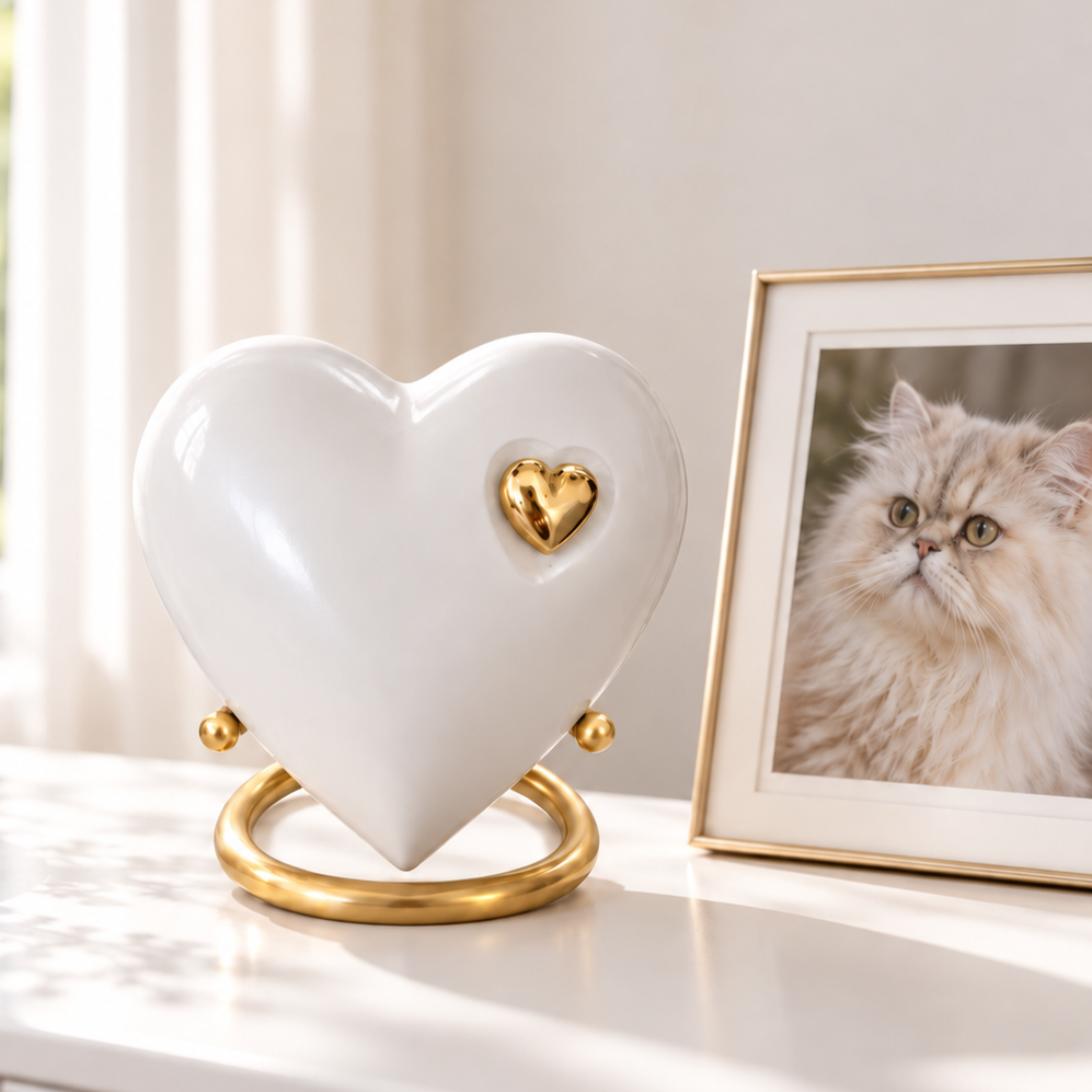 De laatste aai mini urn in hartvorm van parelwit aluminium met een glanzend gouden hartje op een gouden standaard.