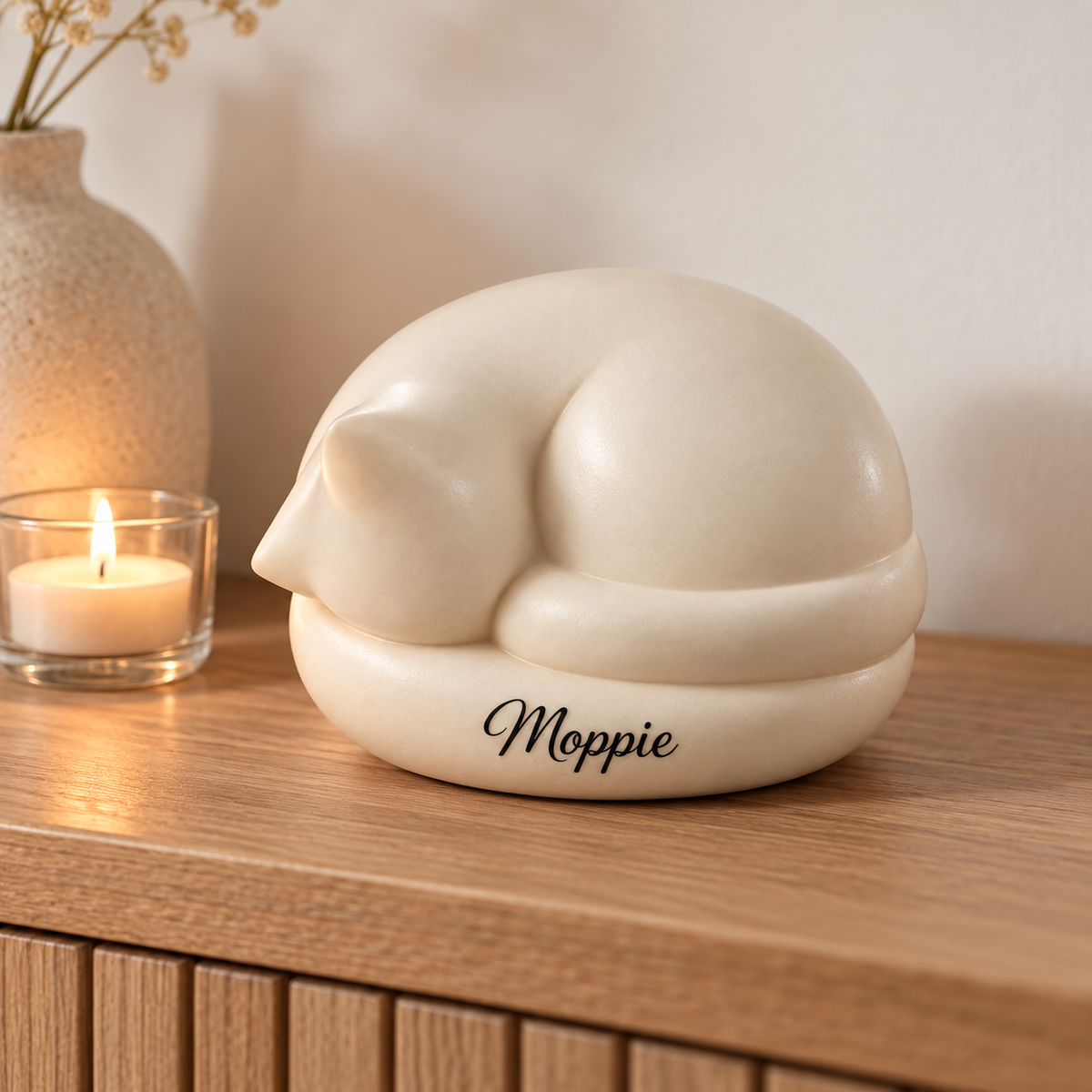De laatste aai witte keramieken urn in de vorm van een slapende kat met gepersonaliseerde naam op een houten kast.