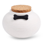 Witte De laatste aai keramieken hondenurn met ribbelpatroon, kurken deksel en decoratief zwart botje.