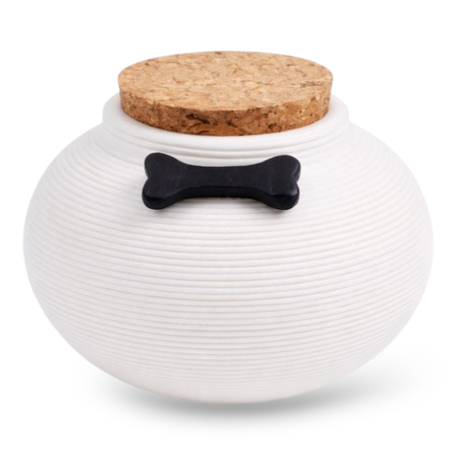 Witte De laatste aai keramieken hondenurn met ribbelpatroon, kurken deksel en decoratief zwart botje.