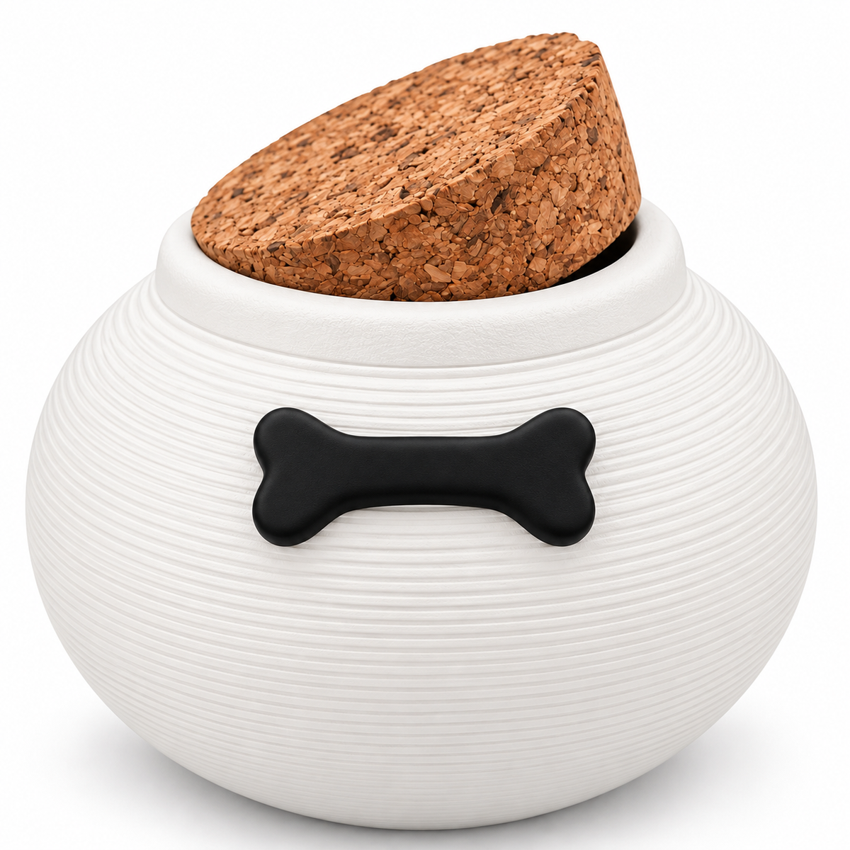 De laatste aai witte keramische hondenurn met ribbelpatroon, kurken deksel en een zwart decoratief botje.