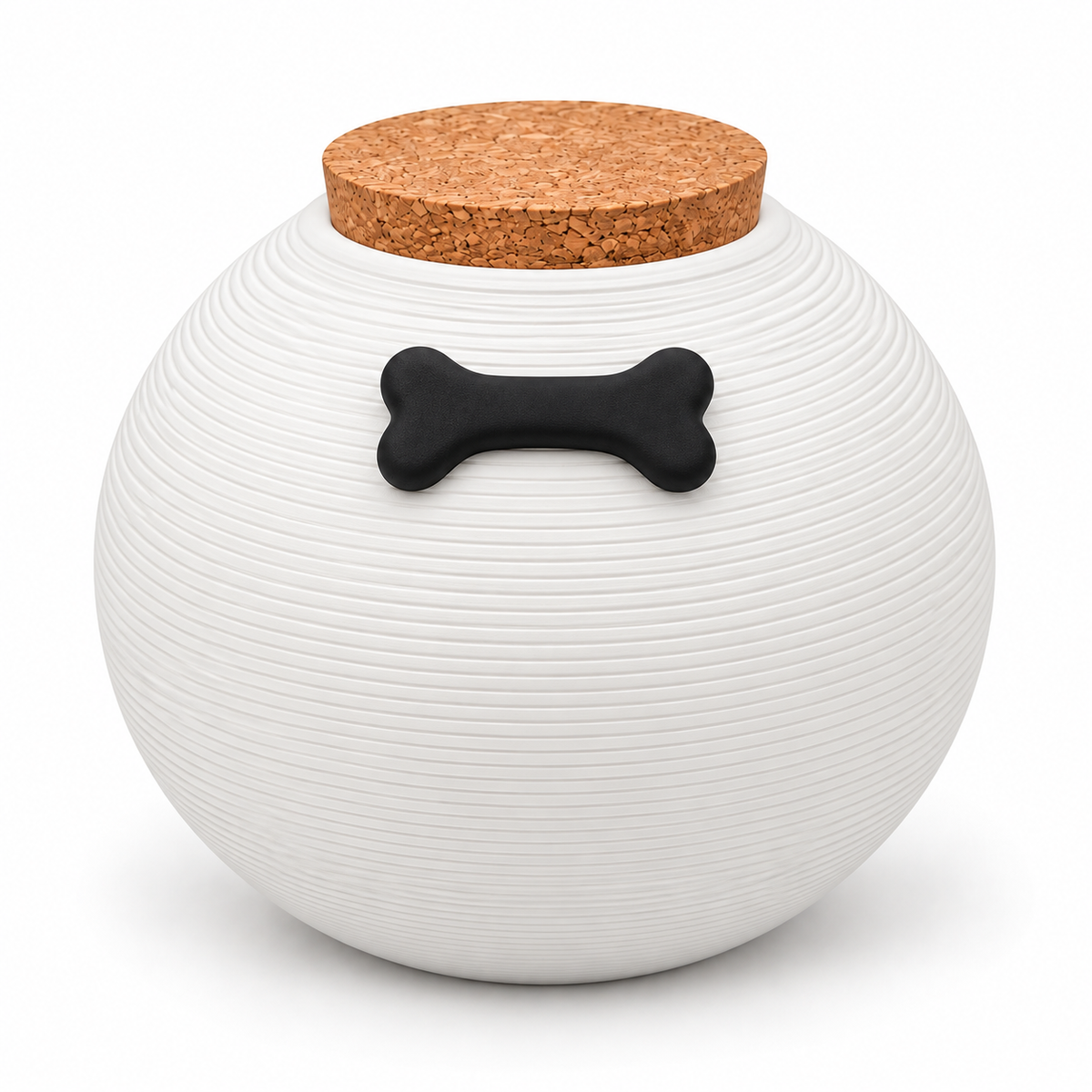 De laatste aai witte keramische hondenurn met ribbelpatroon, kurken deksel en een decoratief zwart botje.