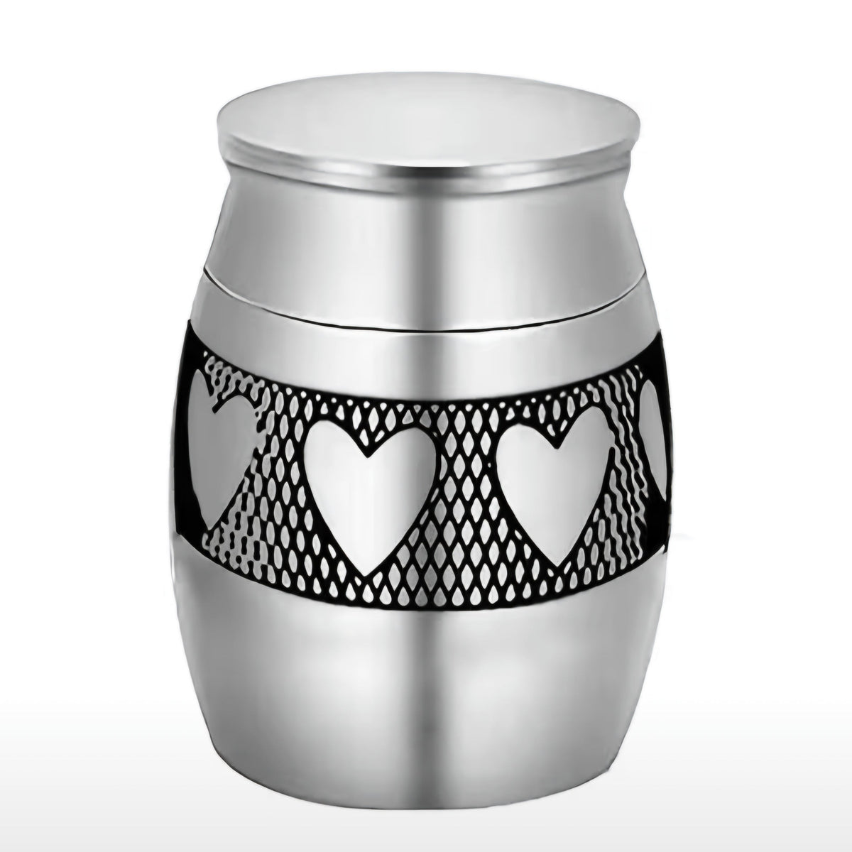 De laatste aai zilverkleurige RVS mini urn voor huisdieren met een verfijnde band van hartjes voor as of haar.
