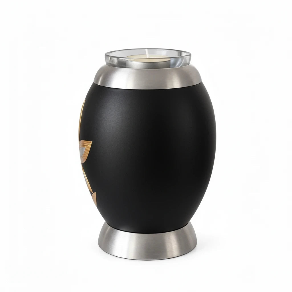 De laatste aai zwarte aluminium mini urn met waxinelichthouder en goud-zilveren lelie motief voor huisdier as