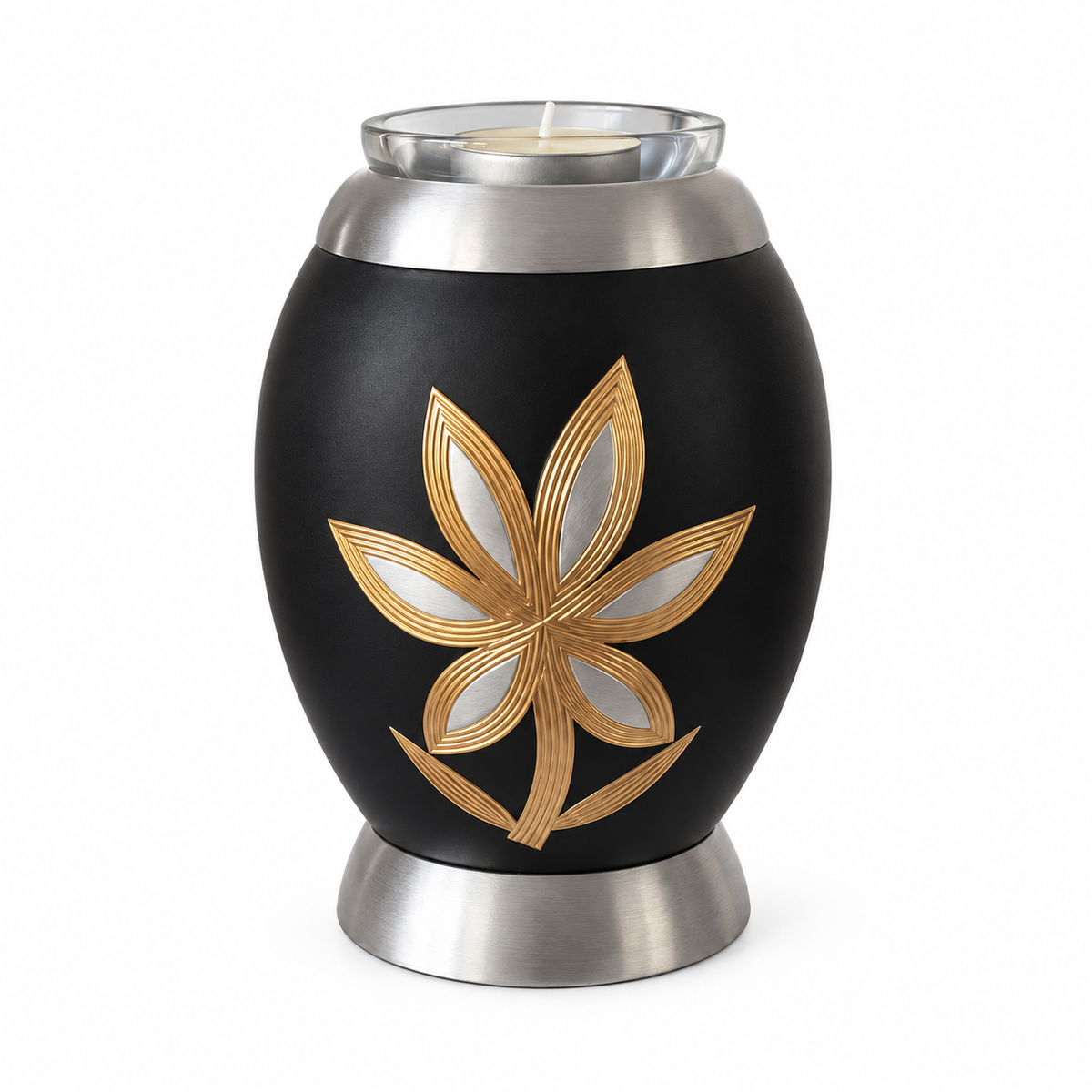De laatste aai zwarte aluminium mini urn met goud-zilveren lelie motief en glazen waxinelichthouder voor huisdieras.