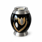 De laatste aai zwarte aluminium mini urn met goud-zilveren tulp motief en glazen waxinelichthouder voor huisdieren.