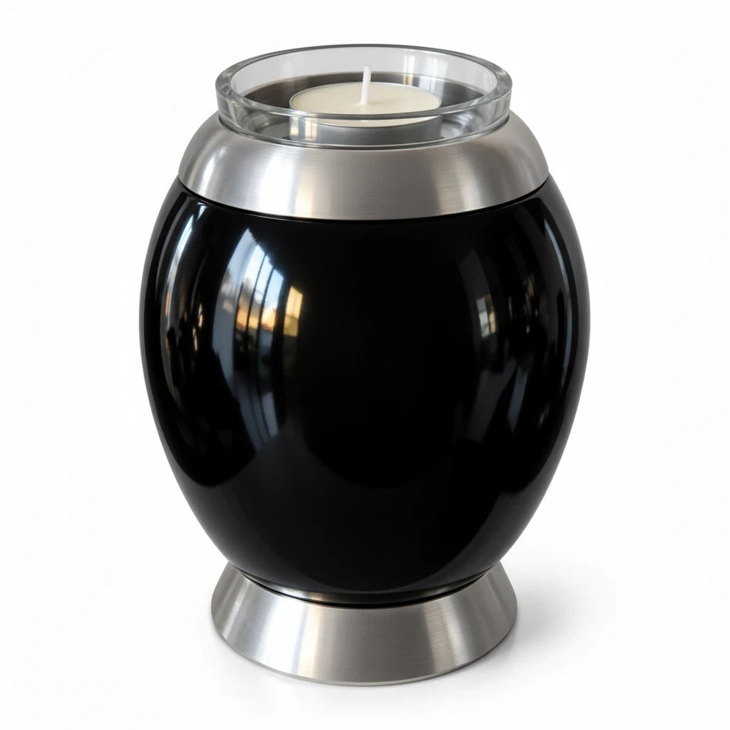 De laatste aai zwarte aluminium mini urn met glazen waxinelichthouder en zilverkleurige details voor huisdieras.