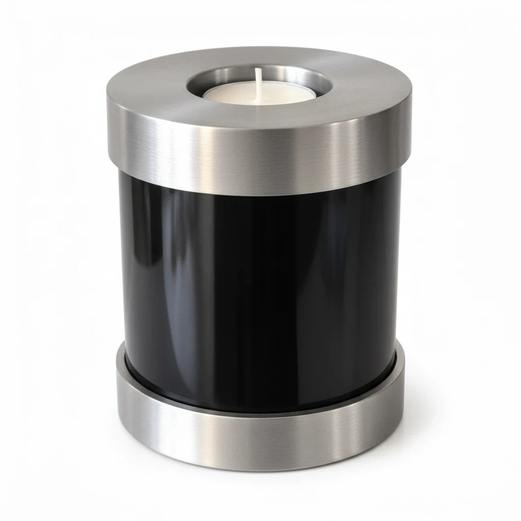 De laatste aai zwarte aluminium urn voor huisdieren met waxinelichthouder en zilveren accenten