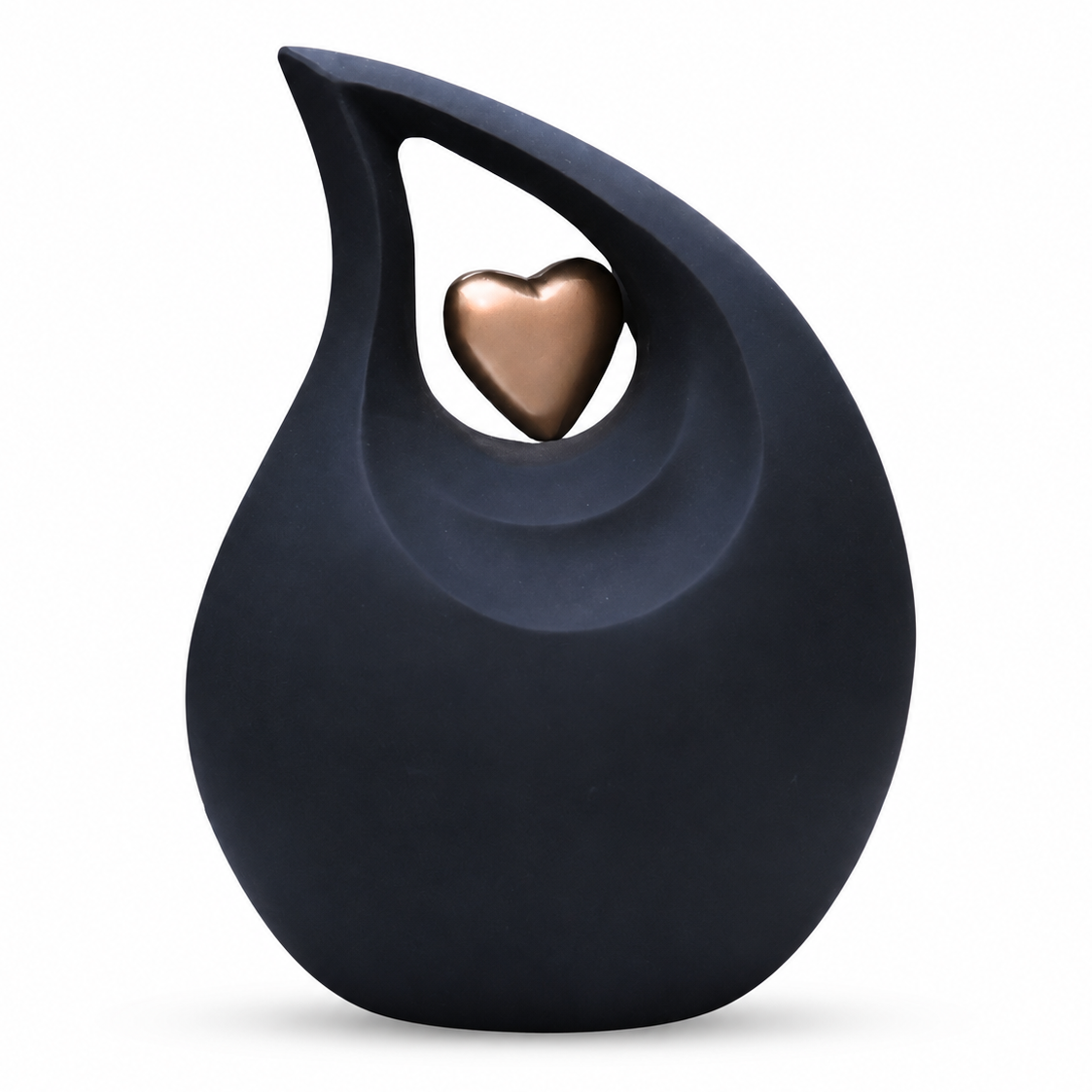 De laatste aai zwarte aluminium urn in druppelvorm met een goudkleurig hart voor huisdieren.