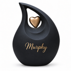 De laatste aai zwarte aluminium druppel urn met goudkleurig hart en gepersonaliseerde naam Murphy