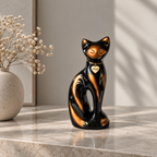 De laatste aai zittende kattenurn in glanzend zwart en goud aluminium met een hartvormige naamhanger op een tafel.
