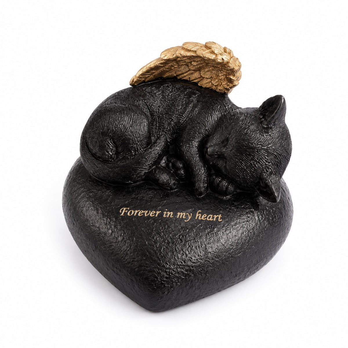 De laatste aai hartvormige urn voor katten in zwart resin met een slapend katje en gouden engelenvleugels