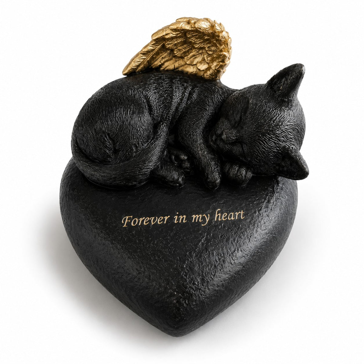 De laatste aai hartvormige urn voor katten in zwart resin met een slapend katje en gouden engelenvleugels.