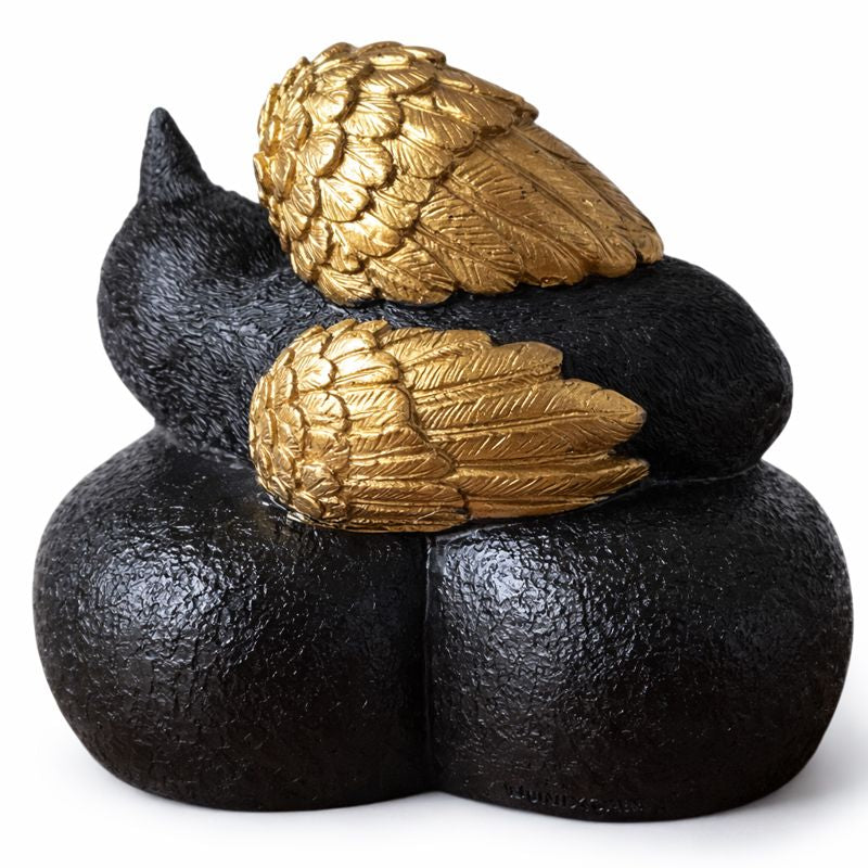 De laatste aai hartvormige urn voor katten in zwart resin met gouden engelenvleugels en tekst Forever in my heart