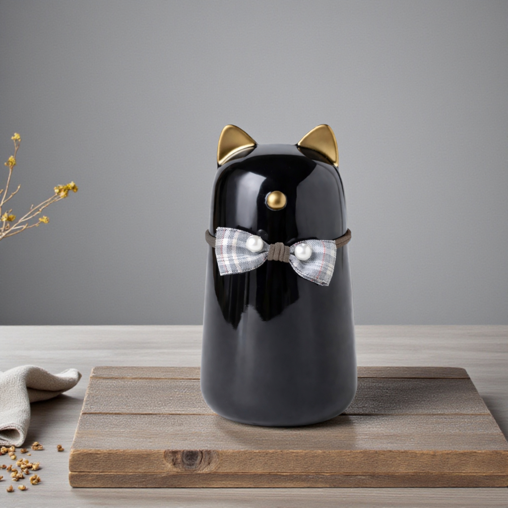De laatste aai zwarte keramische kattenurn met gouden oortjes en een decoratief strikje op een houten ondergrond