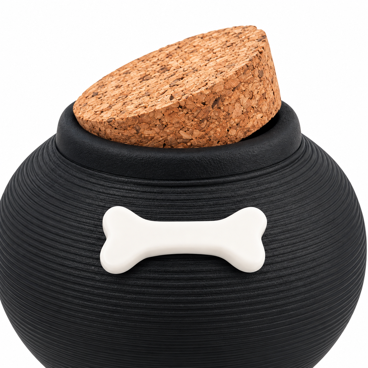 Zwarte keramieken De laatste aai hondenurn met ribbelpatroon, kurken deksel en een wit botje als decoratie.