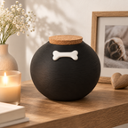 Zwarte keramische De laatste aai hondenurn met ribbelpatroon, kurken deksel en wit botje op een houten tafel.