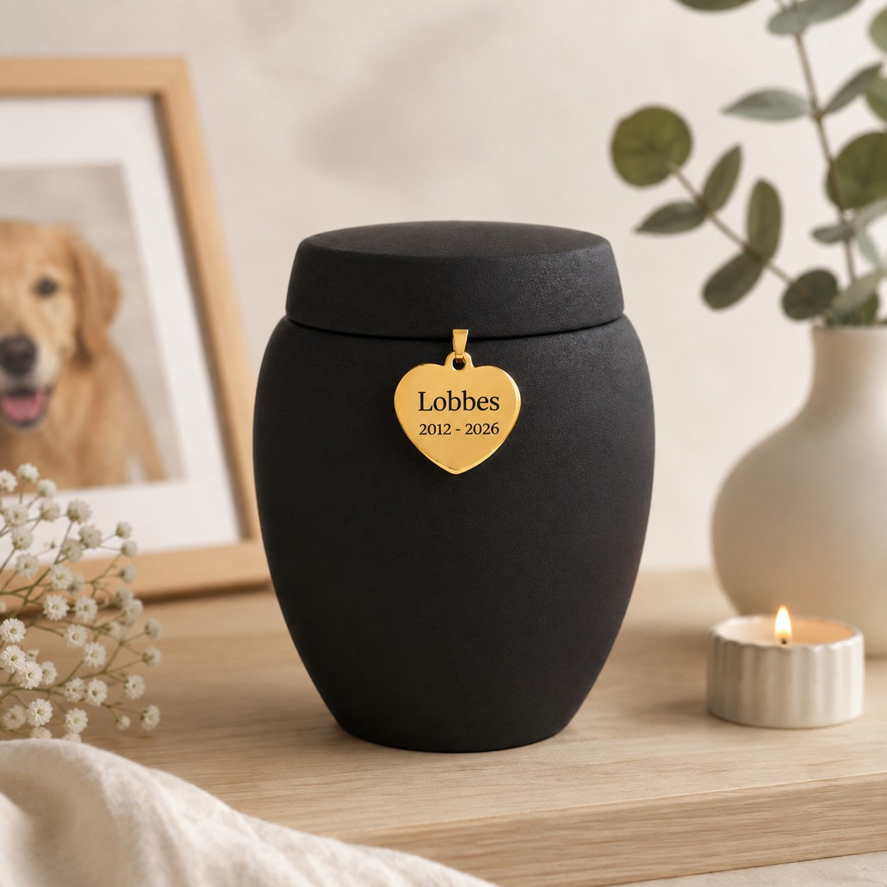 De laatste aai zwarte keramische urn met een hartvormige gouden hanger met inscriptie op een houten ondergrond