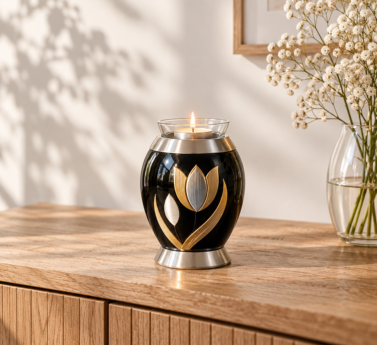 De laatste aai zwarte aluminium mini urn met goud-zilveren tulp en glazen waxinelichthouder op een houten kast.