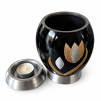 De laatste aai zwarte aluminium mini urn met goud-zilveren tulp en waxinelichthouder voor as van huisdier