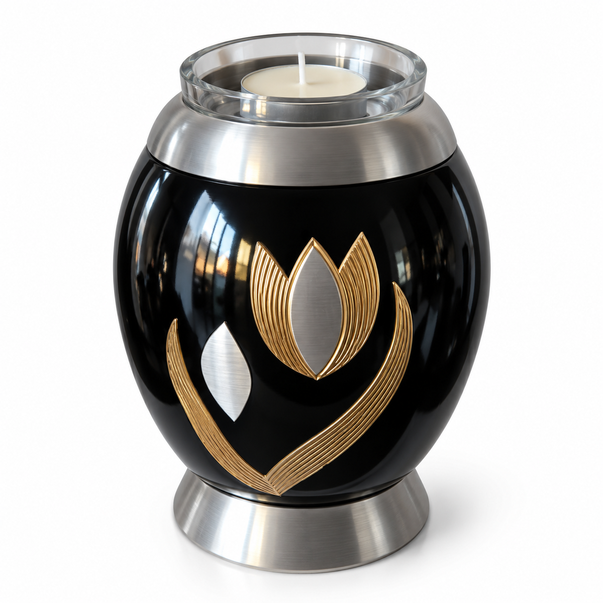 De laatste aai mini urn van zwart aluminium met gouden en zilveren tulp en glazen waxinelichthouder voor as.