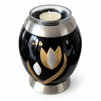 De laatste aai zwarte aluminium mini urn met goud-zilveren tulp motief en glazen waxinelichthouder voor asbestemming