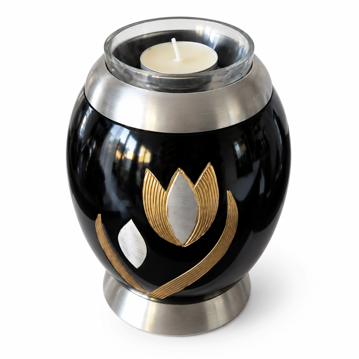 De laatste aai zwarte aluminium mini urn met goud-zilveren tulp motief en glazen waxinelichthouder voor asbestemming