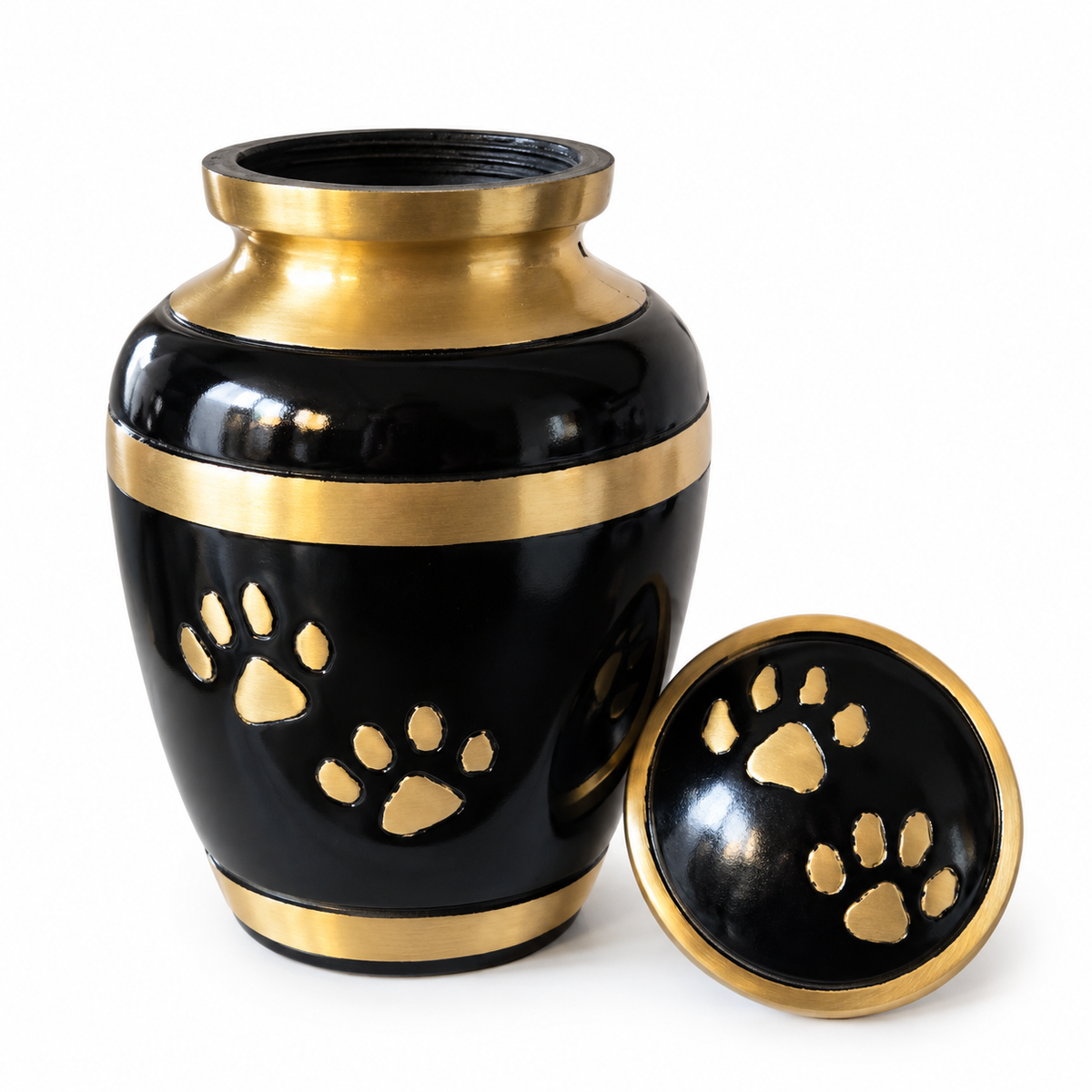 De laatste aai zwarte aluminium urn met gouden pootafdrukken en deksel voor as van huisdieren.