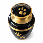 De laatste aai zwarte aluminium urn met gouden pootafdrukken en een klassieke vaasvorm voor huisdieras.