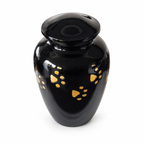 De laatste aai zwarte aluminium urn met handgelegde gouden pootafdrukken voor een kat of kleine hond.