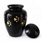 De laatste aai handgemaakte zwarte aluminium urn met gouden pootafdrukken voor kat of kleine hond, 700 ml.