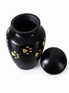 De laatste aai zwarte aluminium urn met handgelegde gouden pootafdrukken en afneembaar deksel voor huisdieren
