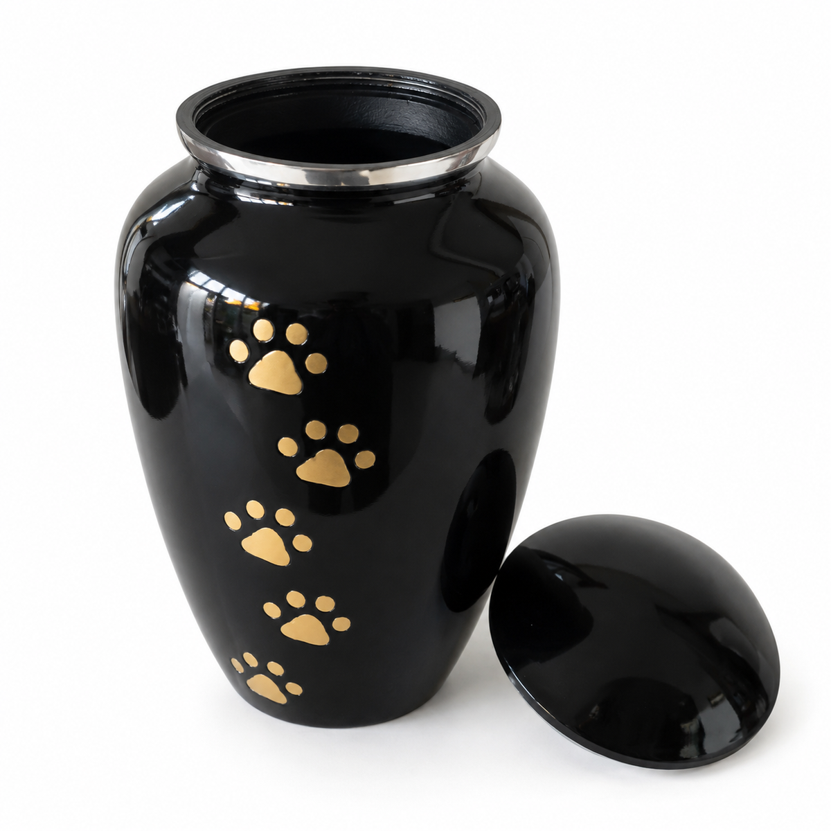 De laatste aai zwarte aluminium urn voor huisdieren met handgelegde gouden pootafdrukken en zilverkleurige rand