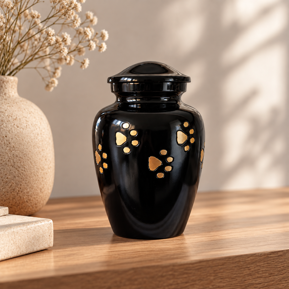 De laatste aai zwarte aluminium urn met handgelegde gouden pootafdrukken voor een kat of kleine hond op een houten tafel.