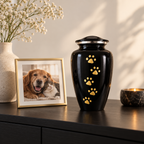 De laatste aai zwarte aluminium urn met gouden pootafdrukken voor hond of kat, geplaatst op een dressoir.