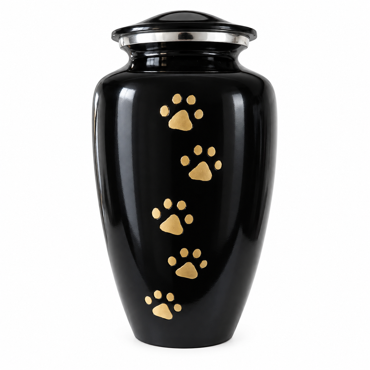 De laatste aai zwarte aluminium urn voor hond of kat met handgelegde gouden pootafdrukken en zilverkleurige rand.