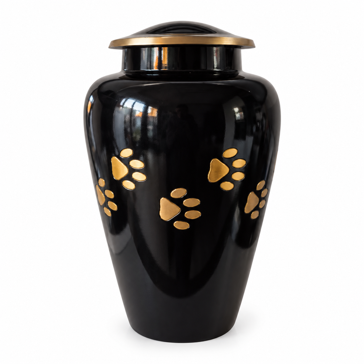 De laatste aai zwarte aluminium urn voor huisdieren met gouden pootafdrukken en een elegant deksel.