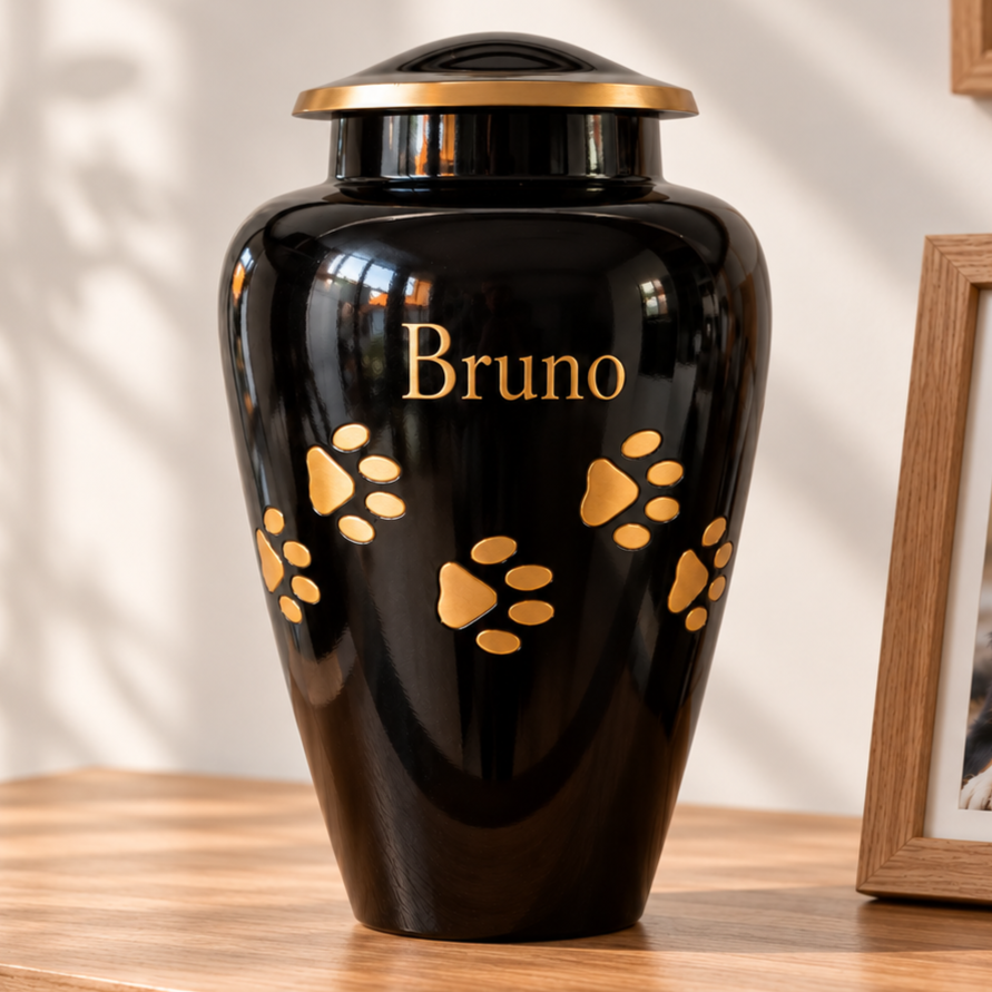 De laatste aai zwarte aluminium urn met gouden pootafdrukken en naamgravure voor huisdieren