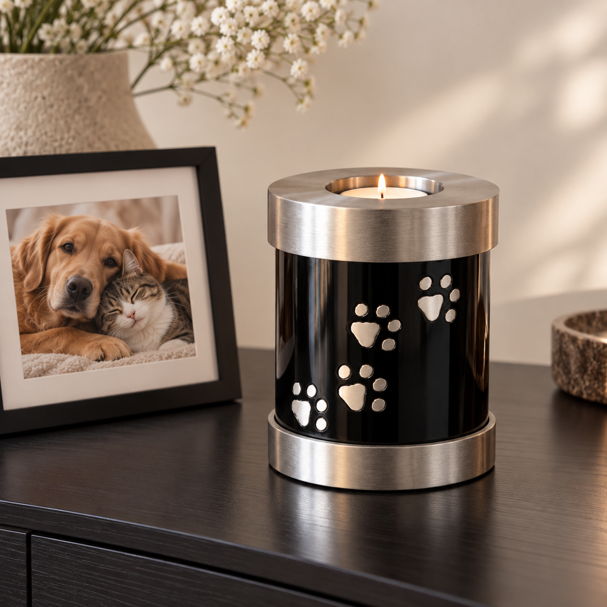 De laatste aai zwarte aluminium urn met zilveren pootafdrukken en waxinelichthouder voor huisdieren