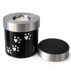 De laatste aai zwarte aluminium urn voor huisdieren met zilveren pootafdrukken en houder voor een waxinelichtje.