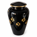 De laatste aai zwarte aluminium urn met gouden pootafdrukken voor huisdieren, 3,5 liter inhoud.