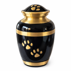 De laatste aai zwarte aluminium urn met gouden pootafdrukken en geborstelde gouden details voor huisdieren.