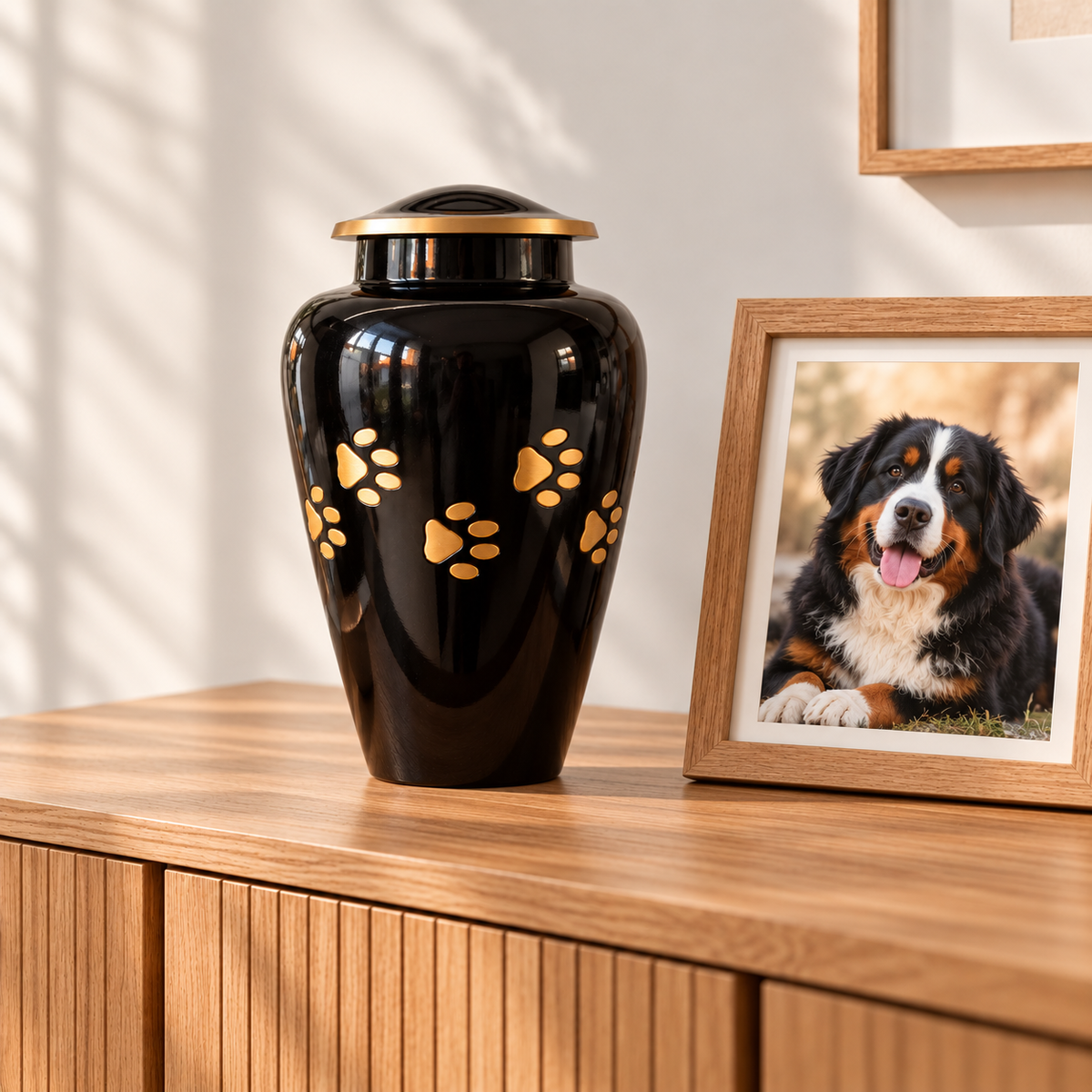 De laatste aai zwarte aluminium urn met gouden pootafdrukken voor huisdieren op een houten kast naast een fotolijst.