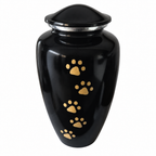 De laatste aai zwarte aluminium urn voor huisdieren met handgelegde gouden pootafdrukken en zilverkleurige rand.