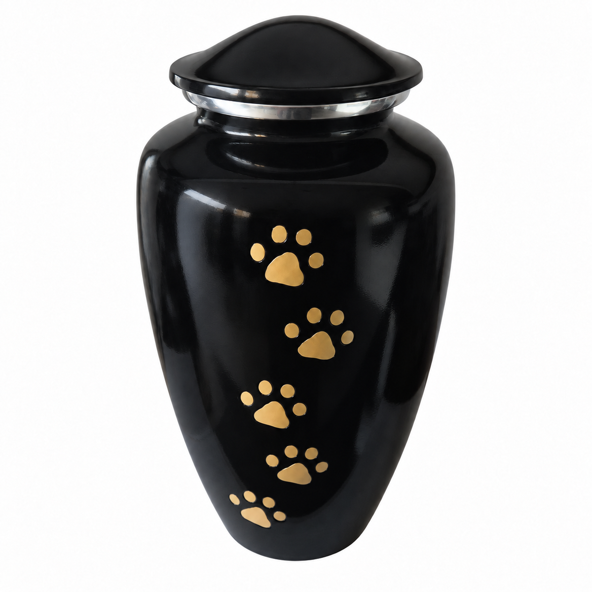 De laatste aai zwarte aluminium urn voor huisdieren met handgelegde gouden pootafdrukken en zilverkleurige rand.