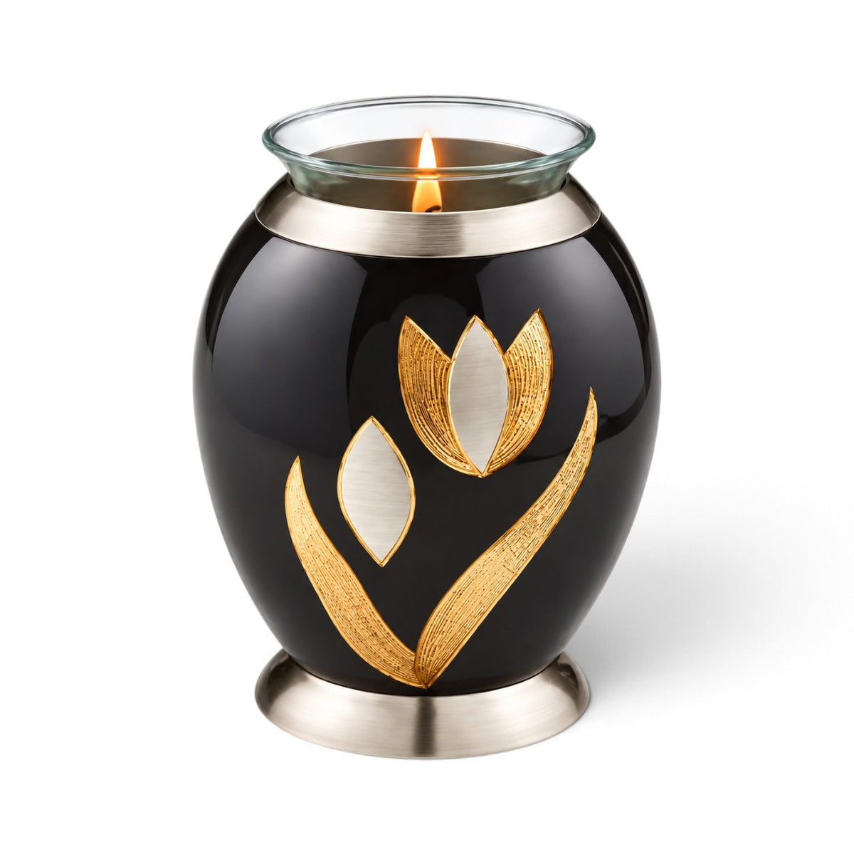 De laatste aai zwarte aluminium mini urn met goud-zilveren tulp en glazen waxinelichthouder voor huisdier-as